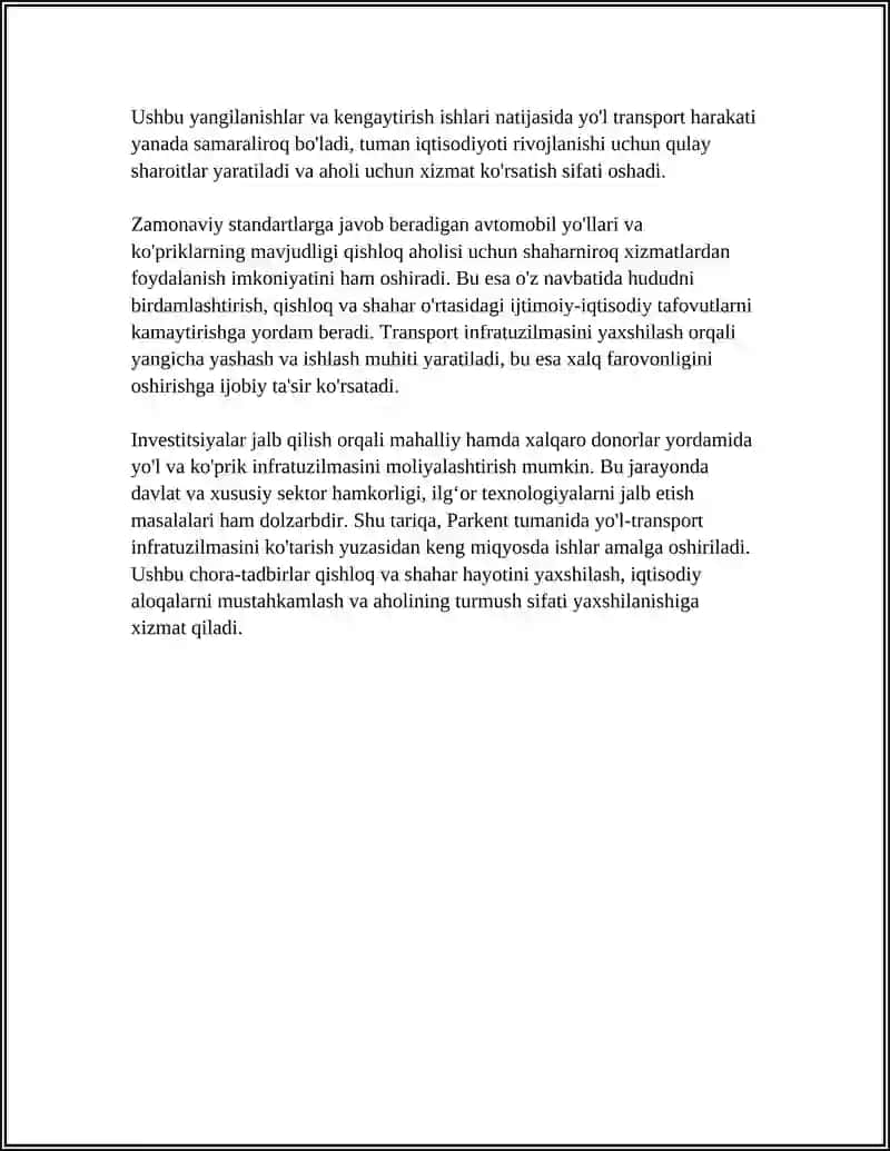PARKENT TUMANINING IINFRATUZILMASINI YAXSHILASH YOLLARI 4
