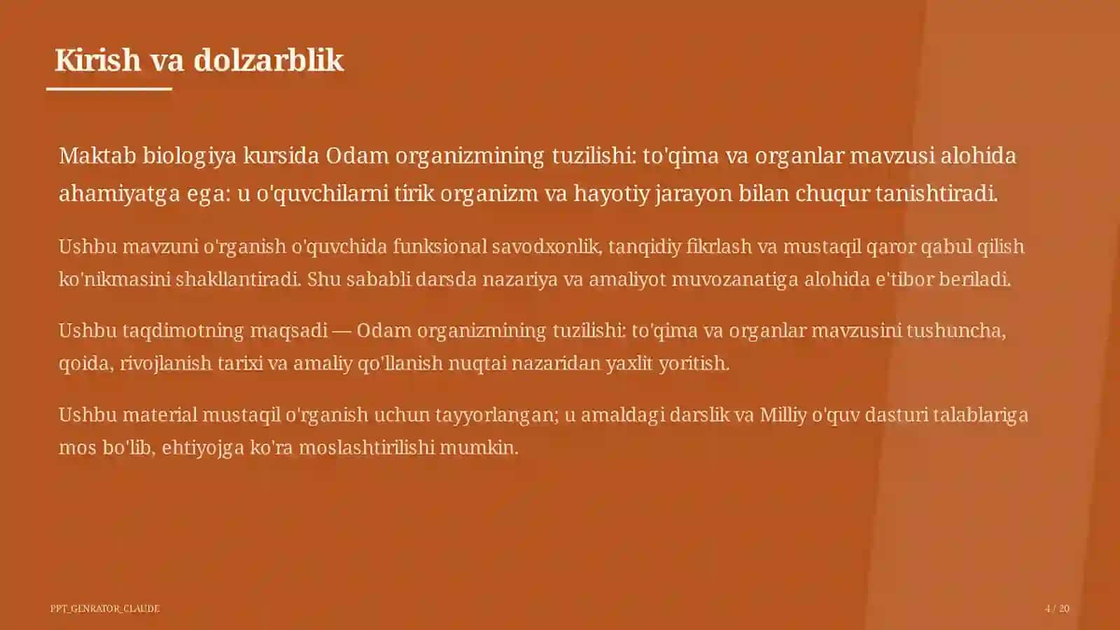 Odam organizmining tuzilishi: to'qima va organlar (8-sinf) 4