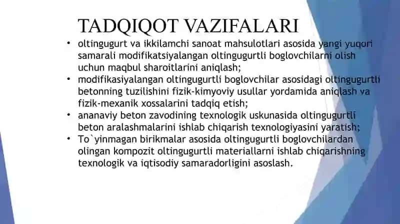 Mahalliy xomashyolar asosida modifikatsiyalangan oltingugurtli beton olish 4