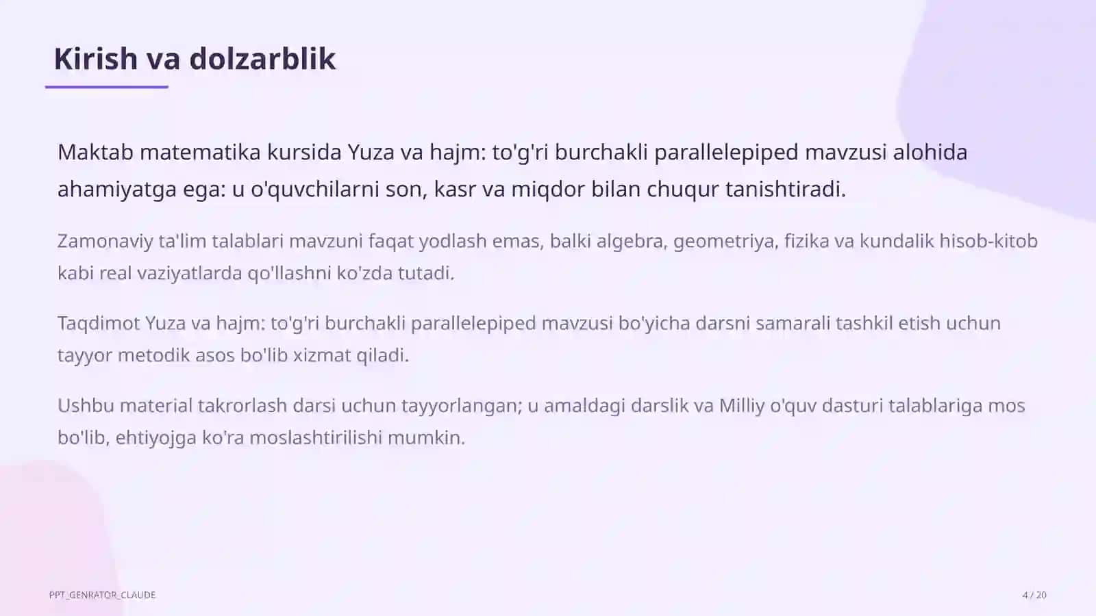 Yuza va hajm: to'g'ri burchakli parallelepiped (5-sinf) 4
