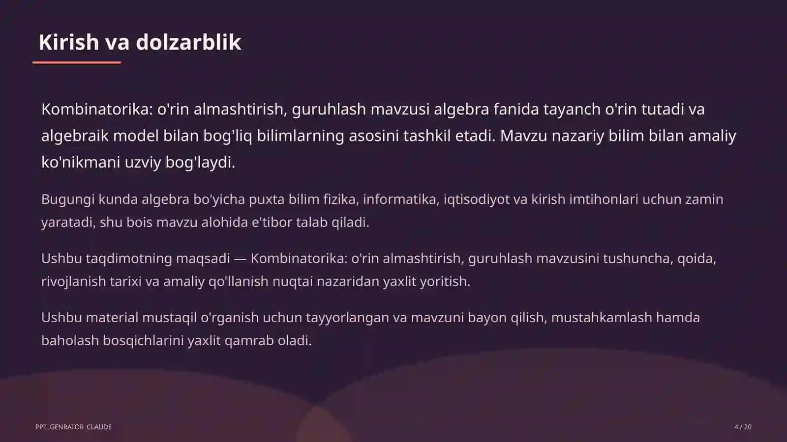 Kombinatorika: o'rin almashtirish, guruhlash (9-sinf) 4