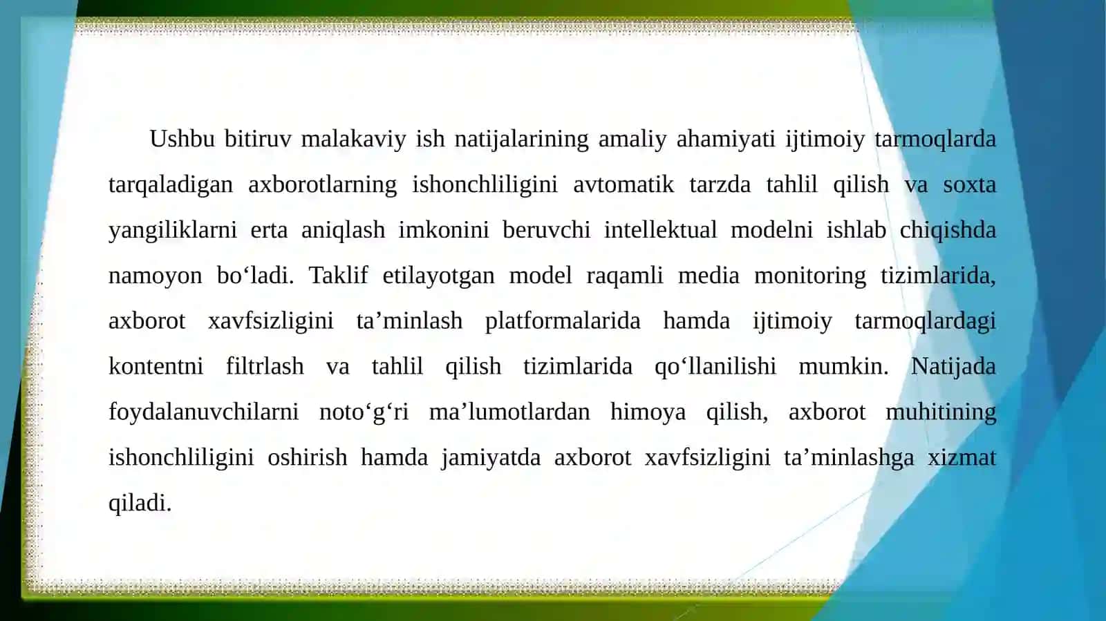 Ijtimoiy tarmoqlarda tarqaladigan axborot oqimida yolgʻon (soxta) yangiliklarni aniqlashning intelektual modelini ishlab chiqish 4