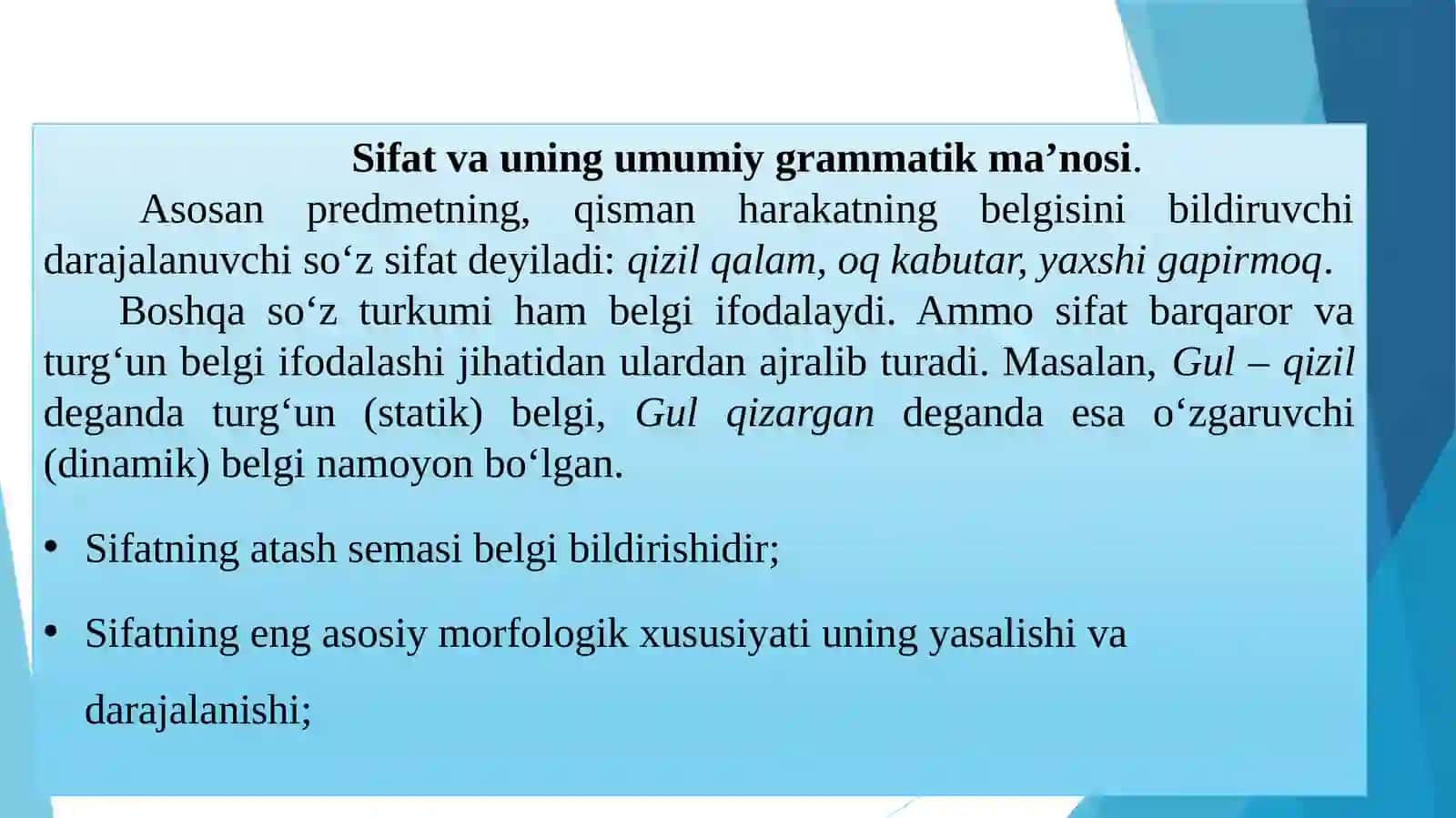 MUSTAQIL SO’Z TURKUMLARI. SIFAT, SON SO‘Z TURKUMI 4