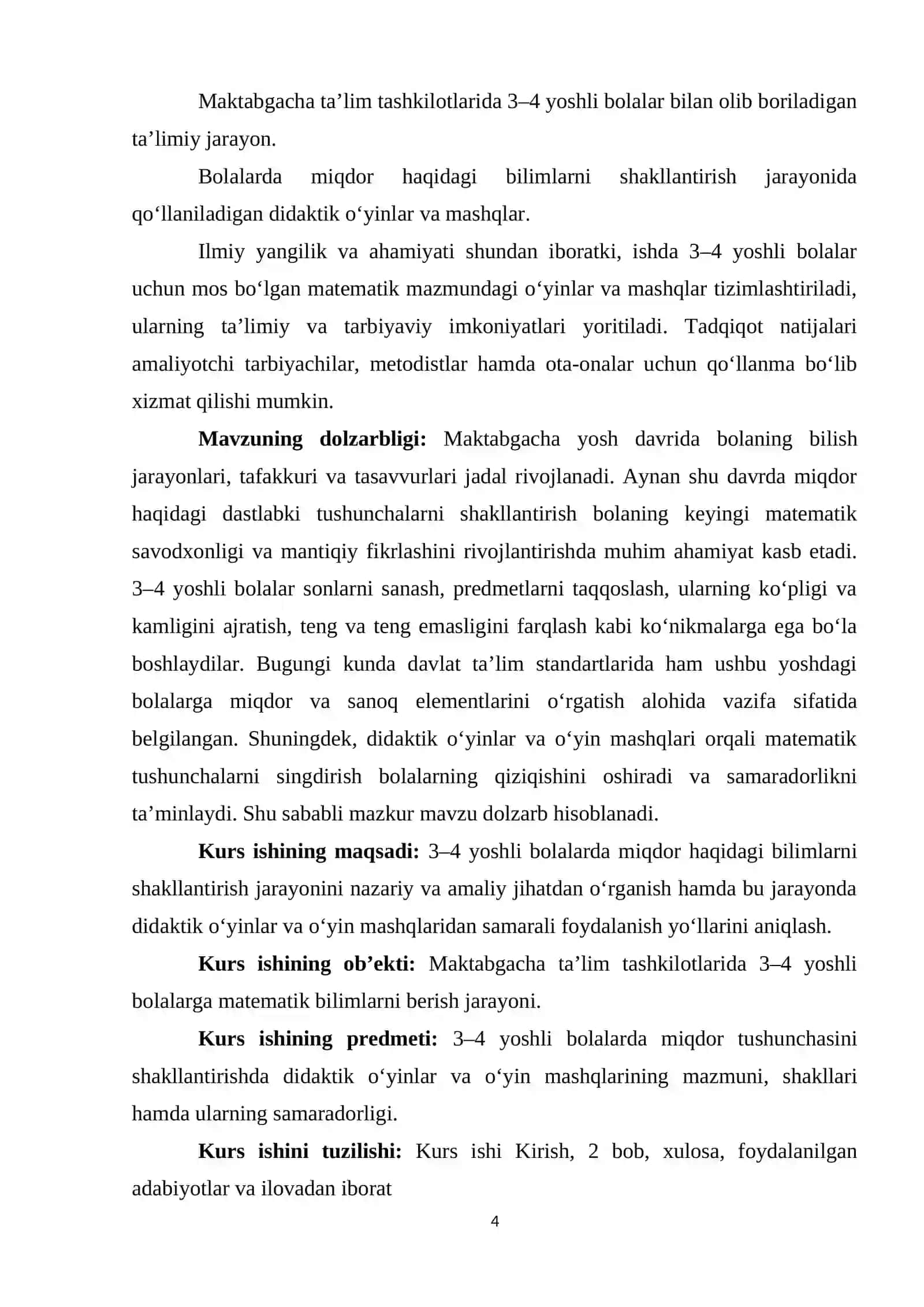 3-4 YOSHLI BOLALARDA MIQDOR HAQIDAGI BILIMLARNI SHAKLLANTIRISHNING XUSUSIYATLARI. 3-4 YOSHLI BOLALAR BILAN ISHLASHDA MATEMATIK MAZMUNGA EGA BO‘LGAN DIDAKTIK O‘YINLAR VA O‘YIN MASHQLARI. 4