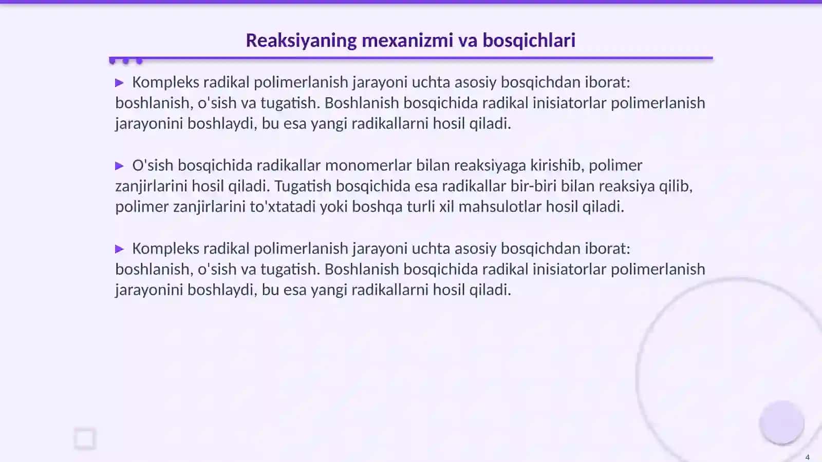 Kompleks radikal polimerlanish reaksiyalari va kinetikasi 4