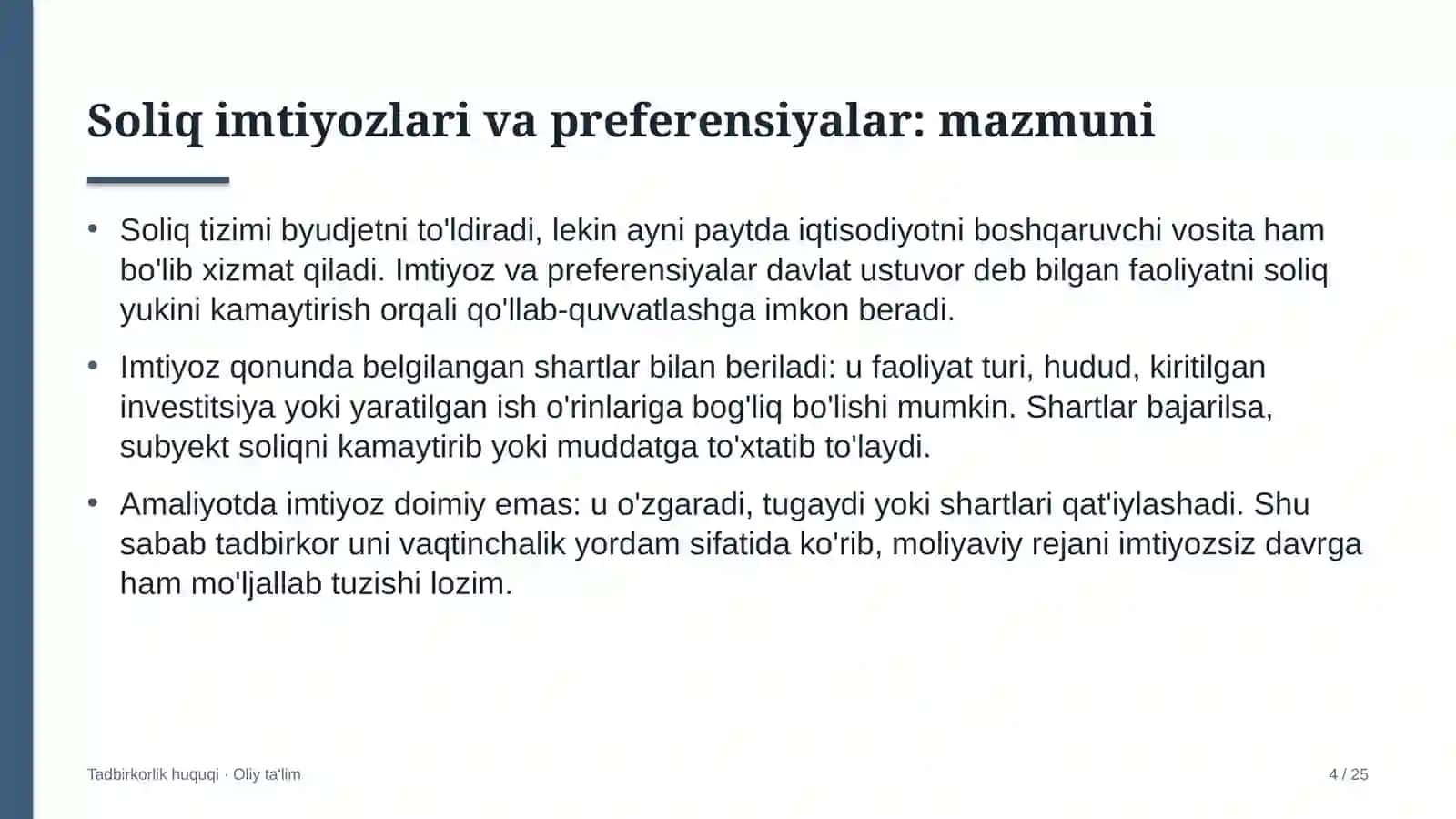Loyiha institutlarida soliq imtiyozlari va preferensiyalar 4