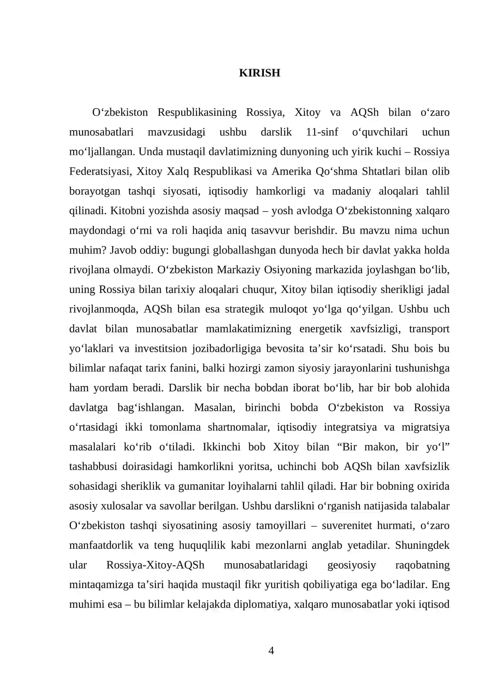 O‘ZBEKISTON RESPUBLIKASINING ROSSIYA, XITOY VA AQSH BILAN O‘ZARO MUNOSABATLARI 11- SINF 4