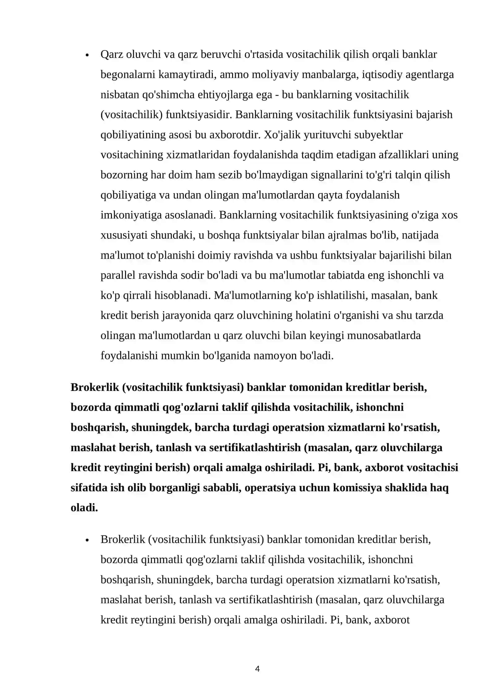 Banklarning moliyaviy vositachilar savdo tashkilotchilar sifati oʻrni 4