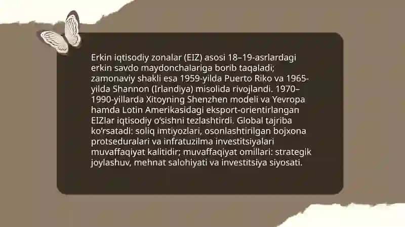 Erkin iqtisodiy zonalarning shakllanishi va rivojlanishi yoriting 4