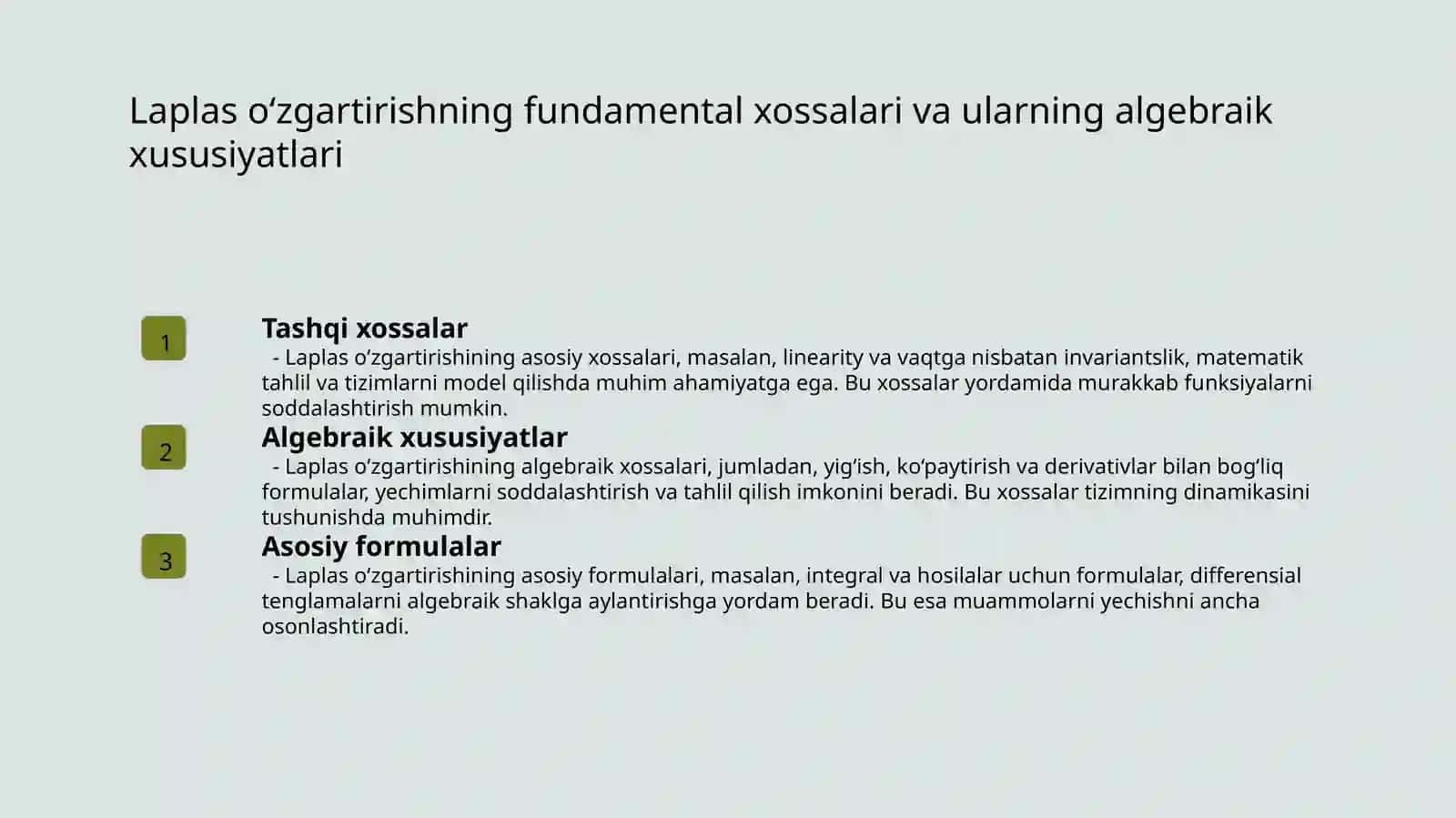 Laplas oʻzgartirish asosiy ra’rif xosalar va boshqaruv masalalarida qolanilishi 4