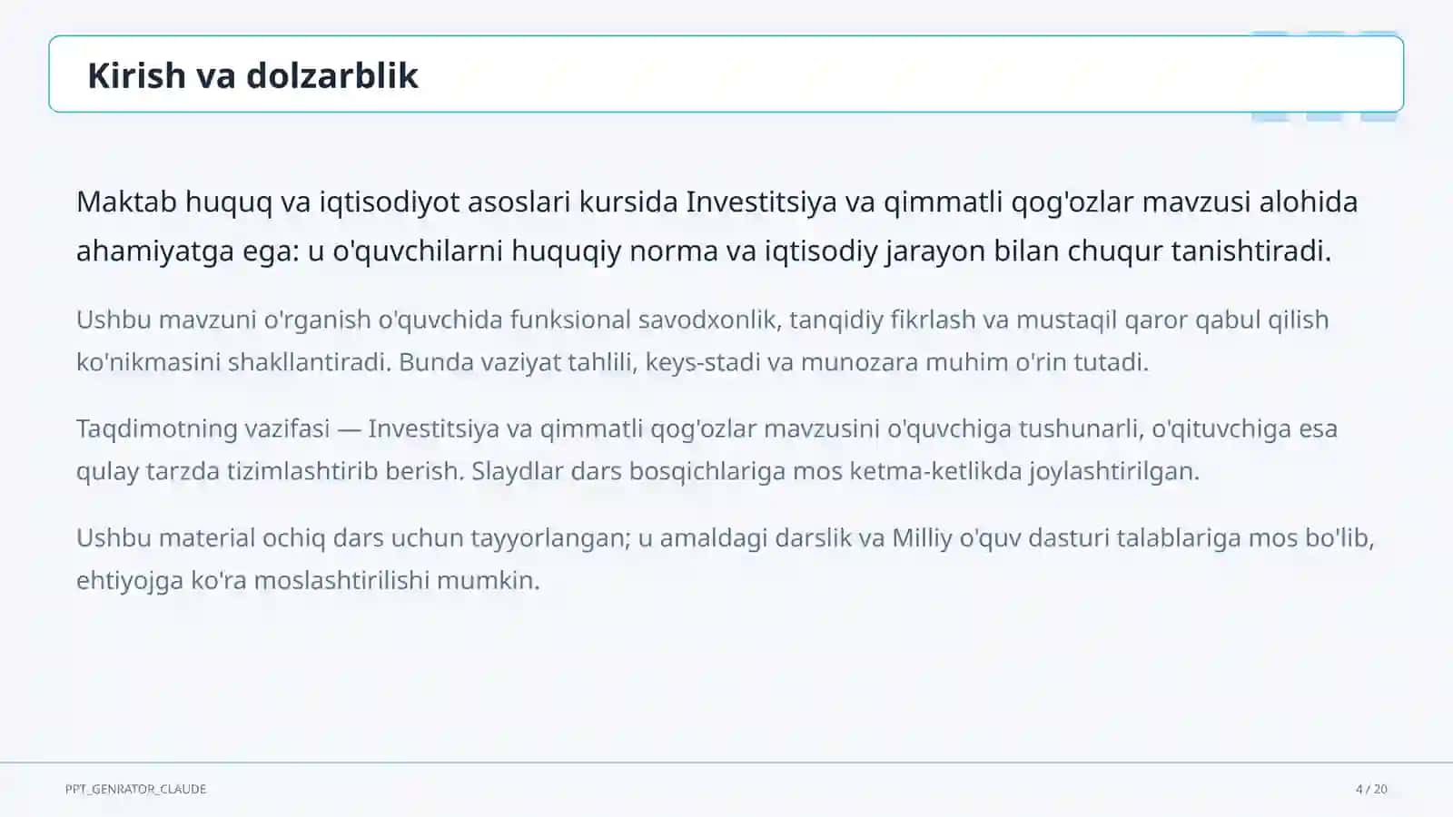 Investitsiya va qimmatli qog'ozlar (11-sinf) 4