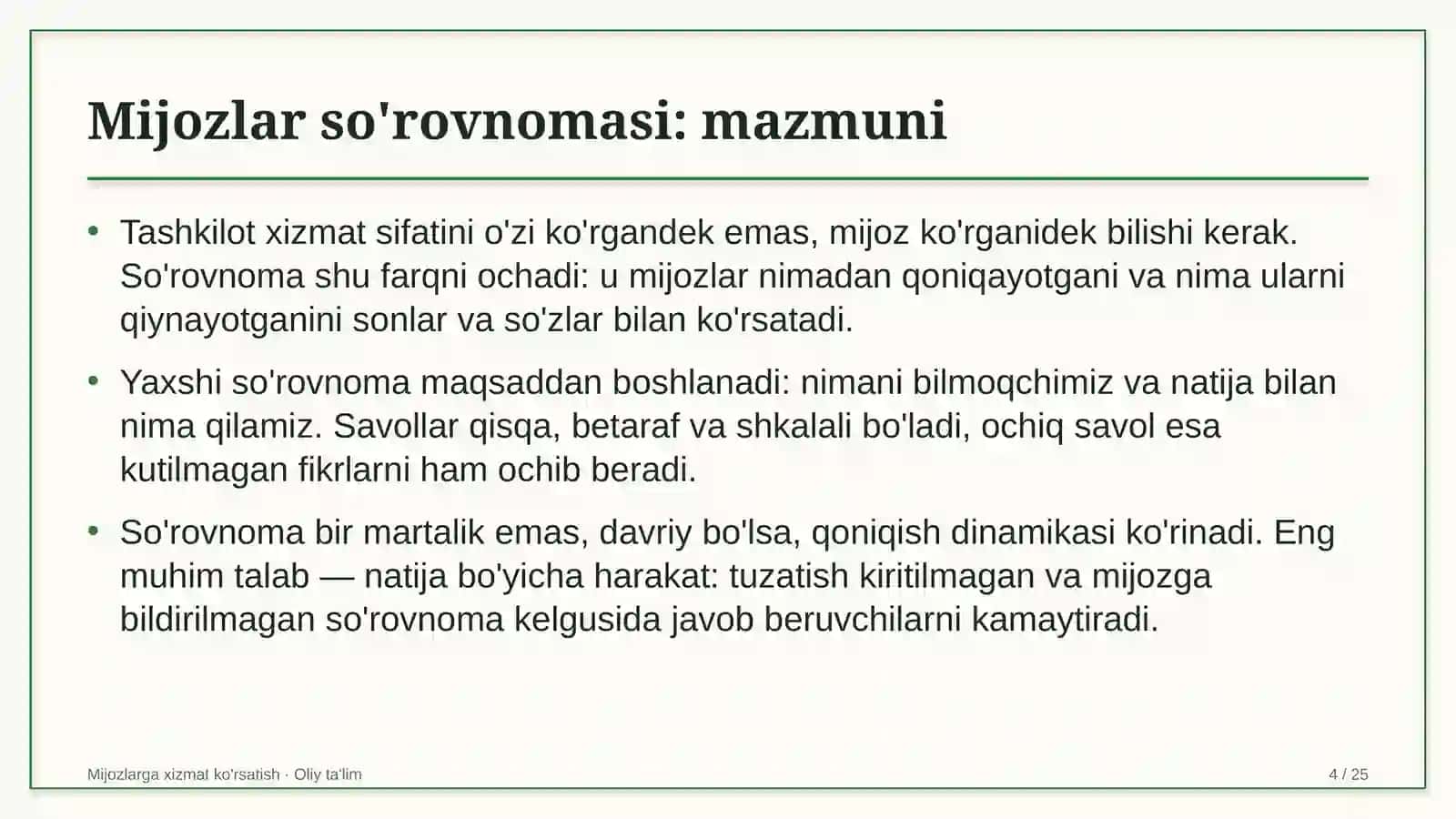 Kattalar ta'limida mijozlar fikrini so'rovnoma orqali o'rganish 4