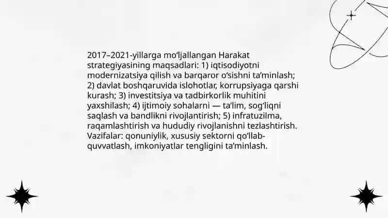 2017-2021-yillarda Oʻzbekiston rivojlantirishning beshta ustuvor yoʻnalishi "Harakat strategiyasi"ming qabul qilinishi 4