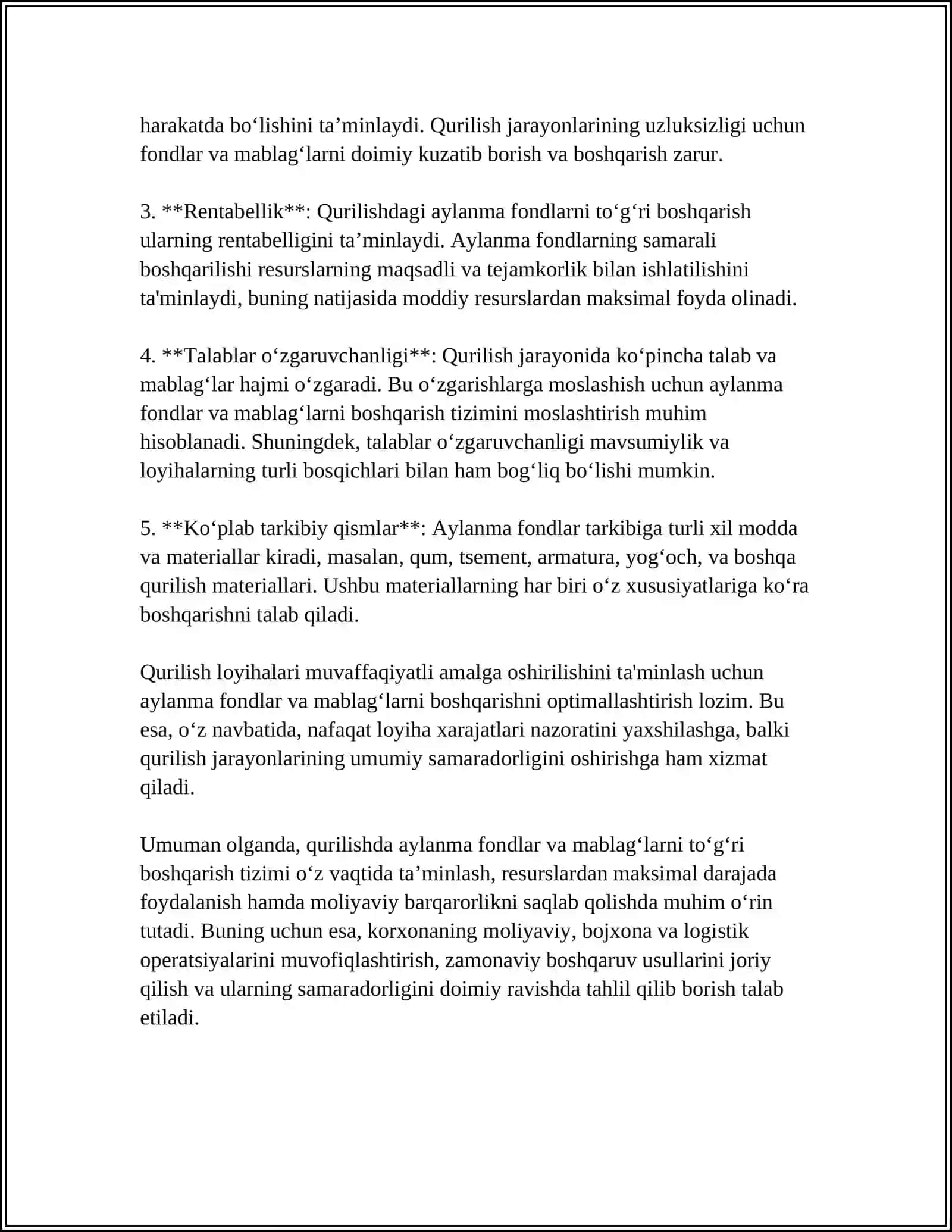 QURILISHNING AYLANMA FONDLARI VA AYLANMA MABLAG'RI,ULARNING SHAKLANISHI VA ULARDAN FOYDALANISH 4