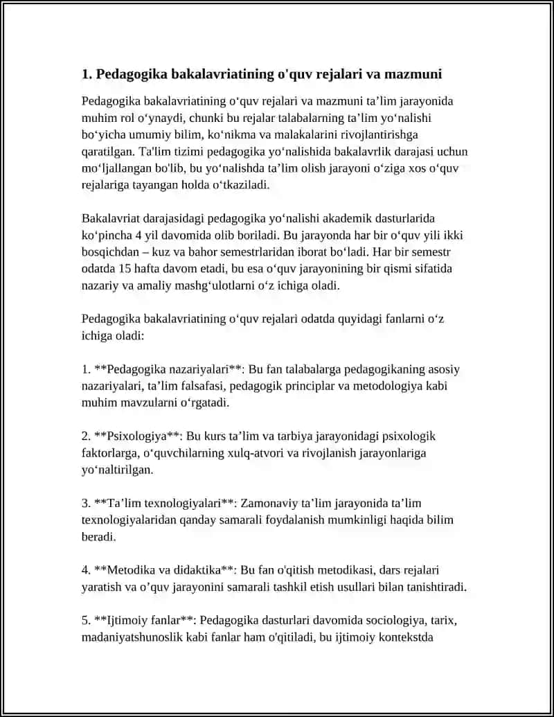 PEDAGOGIKA BAKALAVRIANT TA'LIM YONALISHINING ZARURIY MAZMUNI VA BAKALAVRNING TAYYORGARLIK DARAJASIGA QOYILADIGAN TALABLAR 4