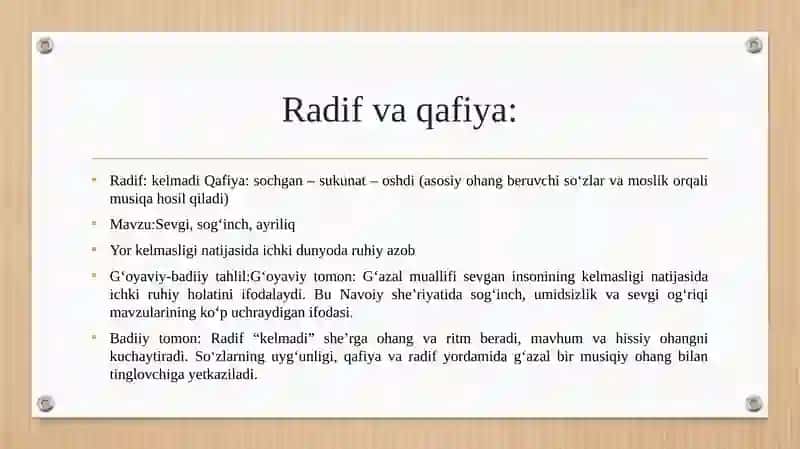 Alisher Navoiy gʻazallarining mavzu boyicha har bir turiga gʻazal yodlash ularni gʻoyaviy-badiiy jihatdan tahlil qilish 4