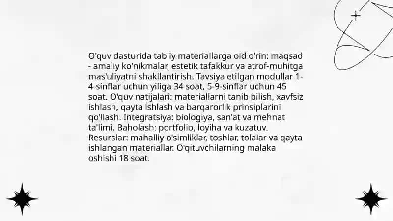 Tabiiy materiallar bilan ishlash darslarining manmuni 4