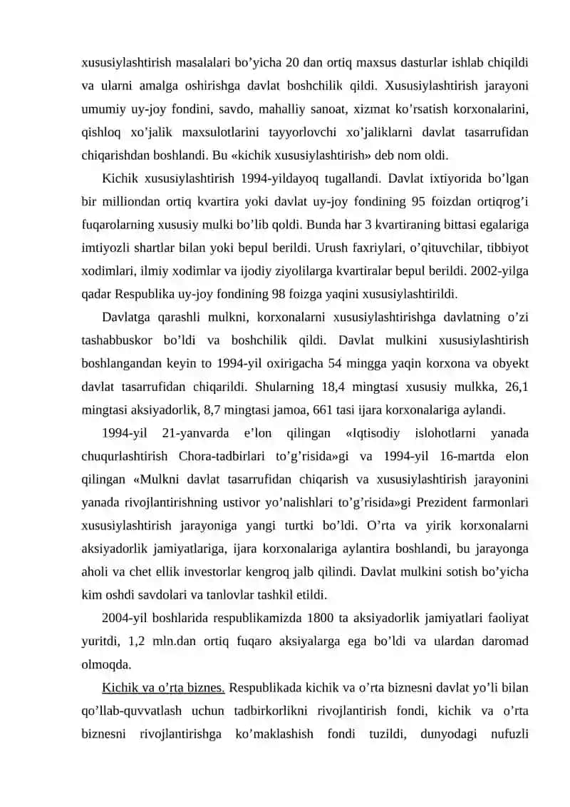 Iqtisodiy islohotlar, xususiy mulkchilikning shakllanishi. O‘zbekistonda bozor munosabatlarining rivojlanishi. 4