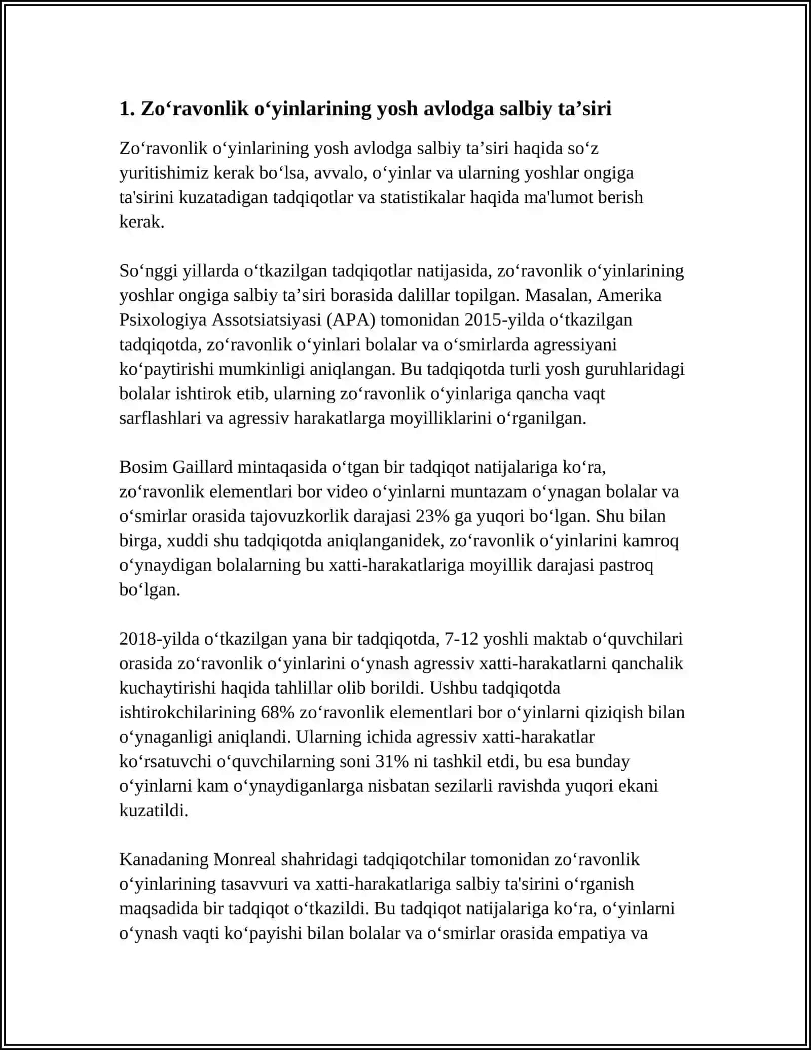 ZOʻRAVONLIK, FAXSH VA SHAFQATSIZLIKKA UNDOVCHI OʻYINLAR: "PUBJ", " MINECRAFT", "GTA", " COUNTER-STRIKE", "EVERQUEST", "MANHUNT", HILMIY XIDIR SORIY LARNING ZARARLI OQIBATLARI VA ULARNI BARTARAF ETISH YOʻLLARI 4