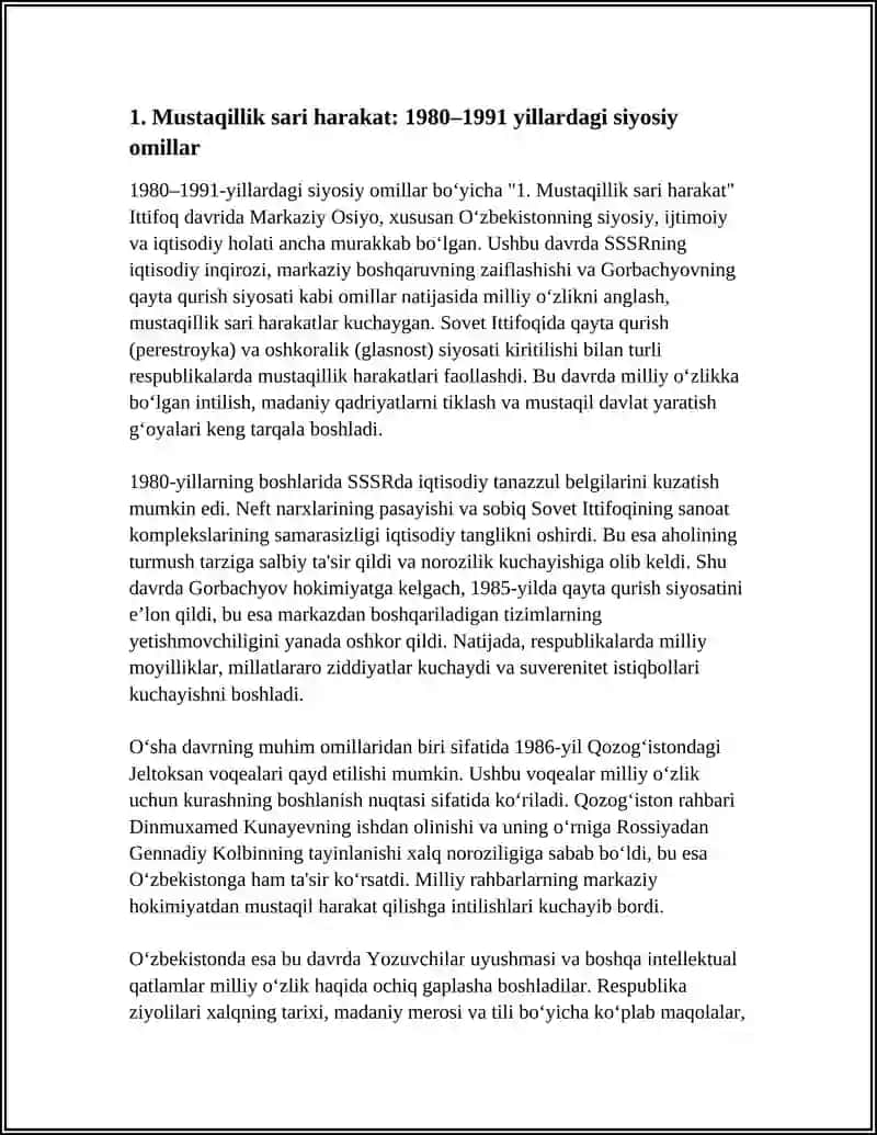 MUSTAQILLIK ARAFASIDAGI IJTIMOIY-IQTISODIY VA SIYOSIY HOLAT, MILLIY O‘ZLIKNI ANGLASH JARAYONINING KUCHAYISHI 4