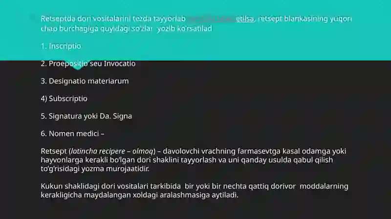 Retsept sutrukturasi.Retsept yozish qoidalari tabletka shamchalar va ko’z plyonkalarini yozishda tushum kelishigining qo’llanilishi 4