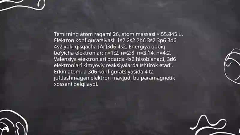 8-guruh elementlari. Temir, uning birikmalari va xossalari. 4