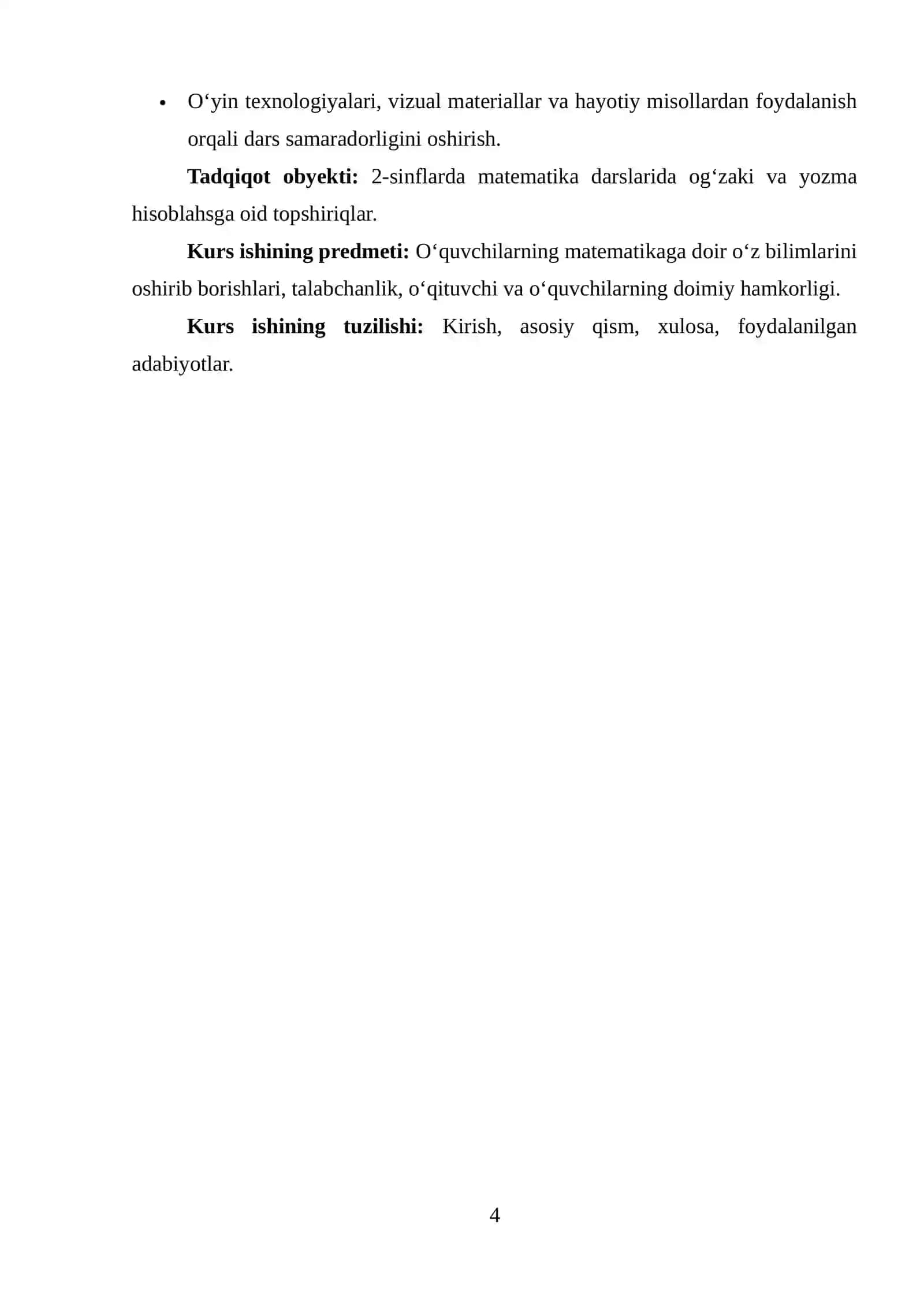 Boshlang‘ich sinflarda matematikadan integrativ o‘qitish samaradorligini oshirish omil sifatida KURS ISHI 4