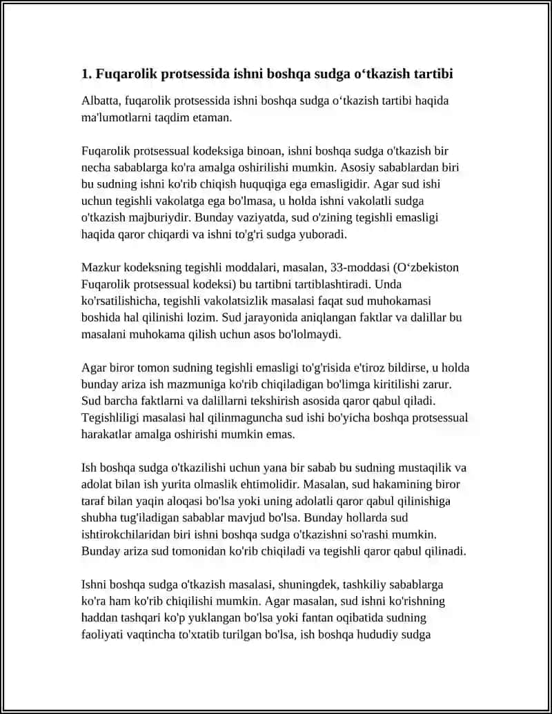 FUQAROLIK PROTSESSIDA ISHI BIR SUDDAN BOSHQASIGA OʻTKAZISH TARTIBI; UNGA DOIR NORMATIV HUJJATLAR VA XORIJ TAJRIBASI HAM BOʻLSIN 4