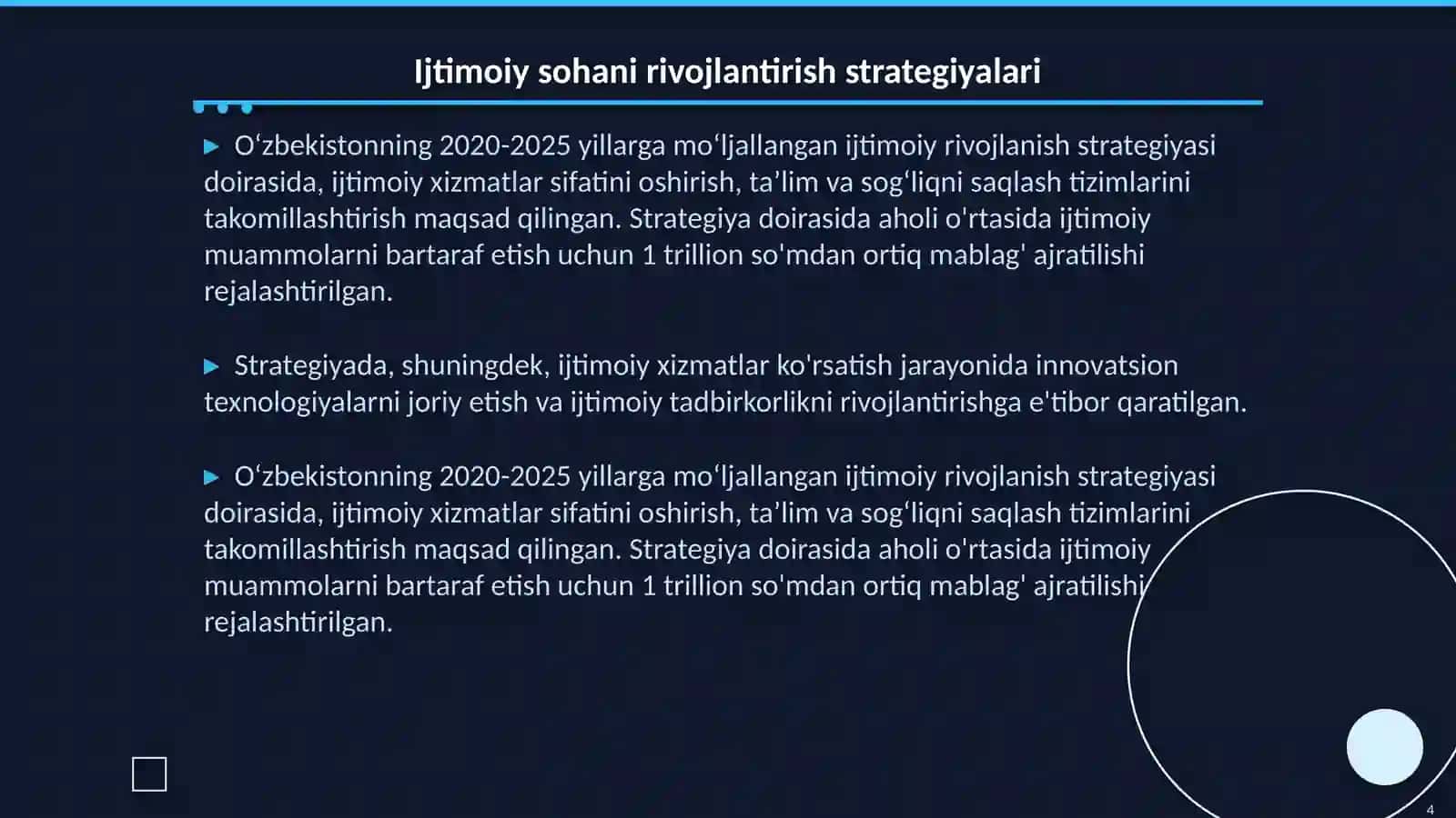 O‘zbekistonda ijtimoiy sohada amalga oshirilayotgan o‘zgarishlar mazmun va mohiyati 4
