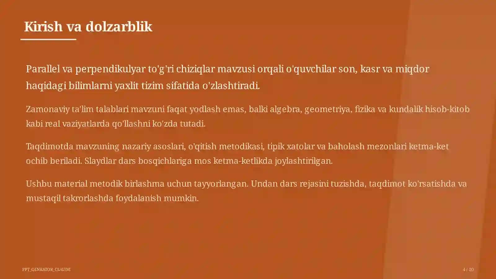 Parallel va perpendikulyar to'g'ri chiziqlar (6-sinf) Matematika (5–6) — metodik birlashma uchun 4