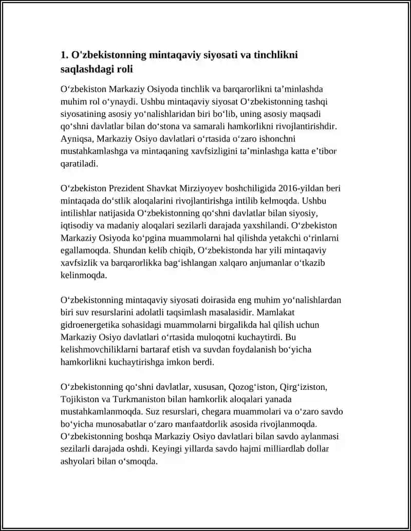 O'zbekistonning markaziy Osiyoda tinchlik va barqarorlikni taminlashdagi o'rni 4