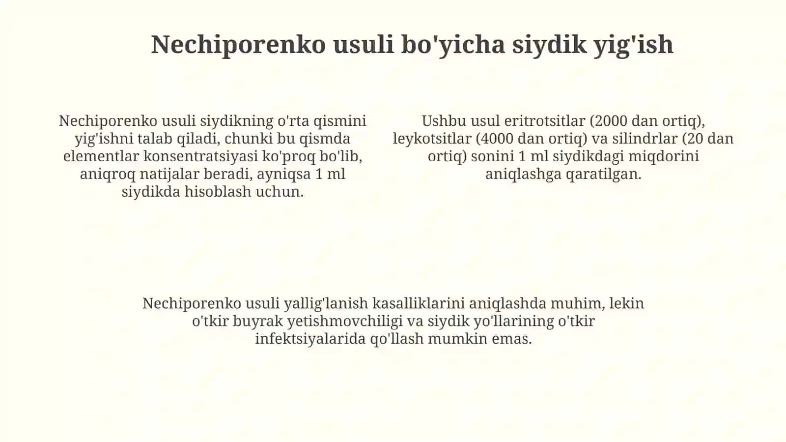 Zimnitskiy va Nechiporenko usullari bo'yicha siydik yig'ish 4