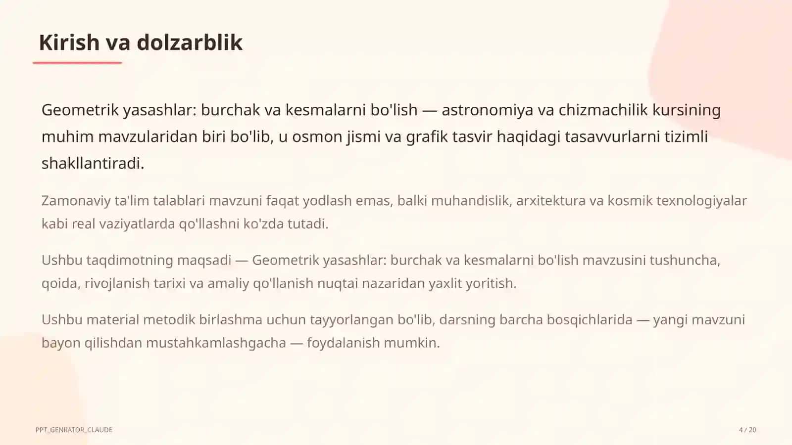 Geometrik yasashlar: burchak va kesmalarni bo'lish (8-sinf) 4