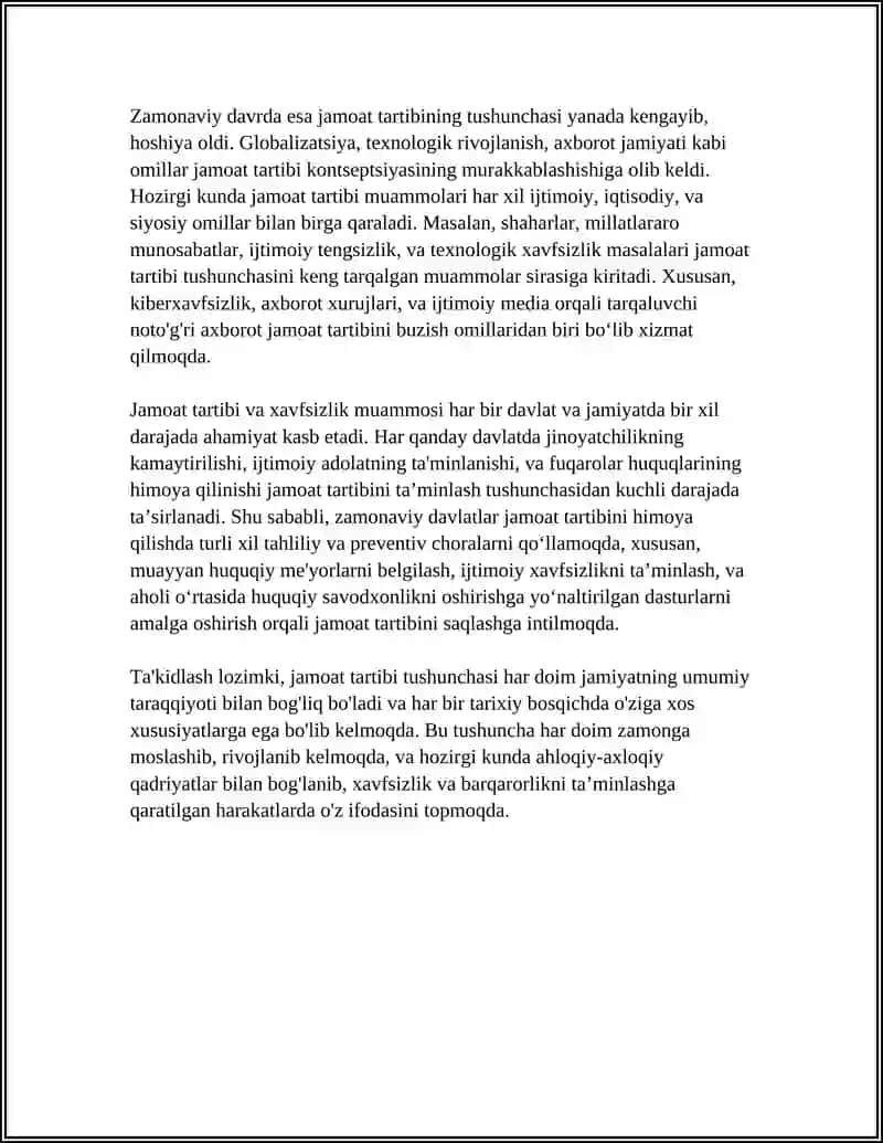 Referat: JAMOAT TARTIBI: TARIXI VA TARIXI TUSHUNCHASI OʻZIGA XOS XUSUSIYATLARI 4