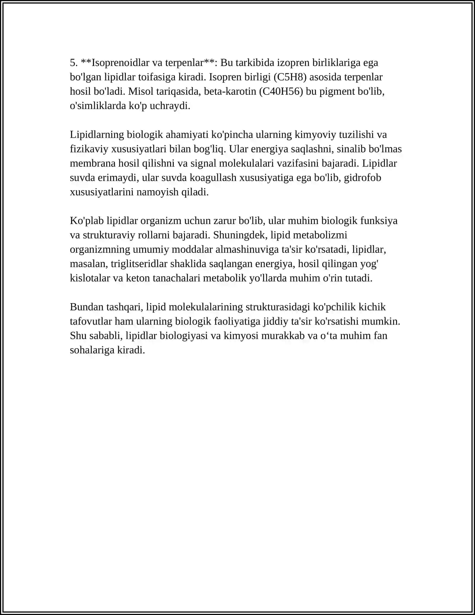 LIPIDLARNING TUZILISHI, FUNKSIYASI VA METABOLIZMI 4