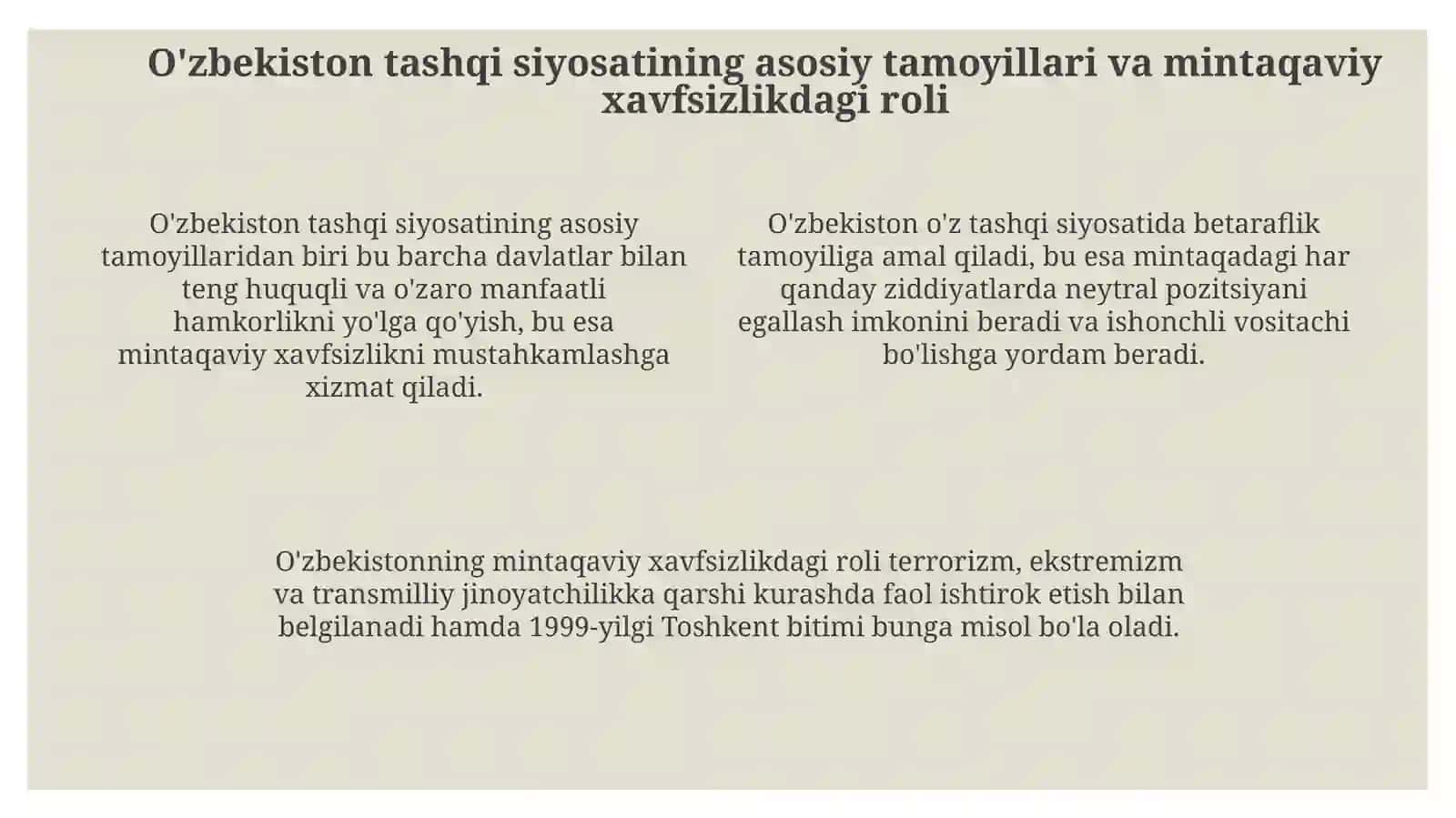 Oʻzvekistonning markaziy Osiyoda tinchlik va barqarorlik ni ta'minlash 4