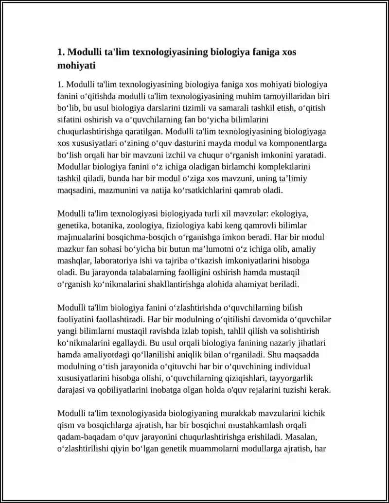 BIOLOGIYANI OʻQITISHDA MODULLI TA'LIM TEXNOLOGIYASINING OʻZIGA XOS XUSUSIYATLARI.MODULLI TA'LIM TEXNOLOGIYASINING OʻZIGA XOS XUSUSIYATLARI 4