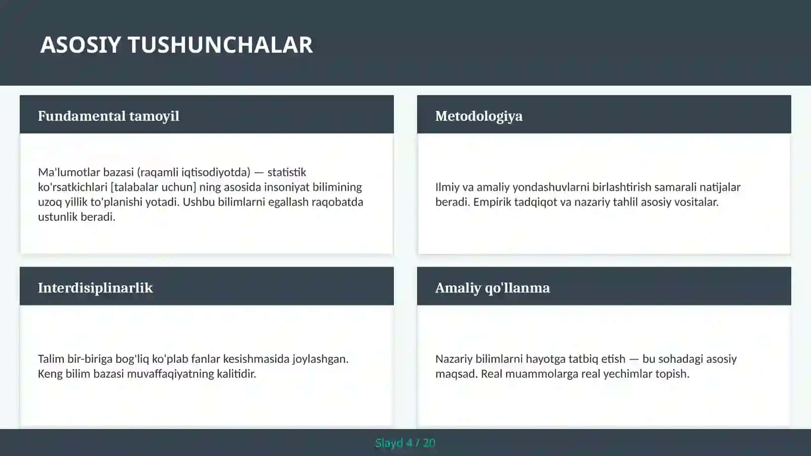 Ma'lumotlar bazasi (raqamli iqtisodiyotda) — statistik ko'rsatkichlari [talabalar uchun] 4
