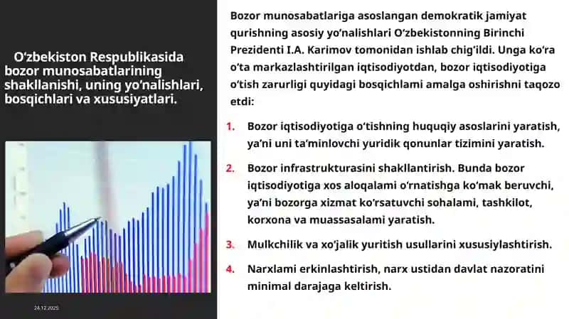Iqtisodiy islohotlar, xususiy mulkchilikning shakllanishi. O‘zbekistonda bozor munosabatlarining rivojlanishi 4