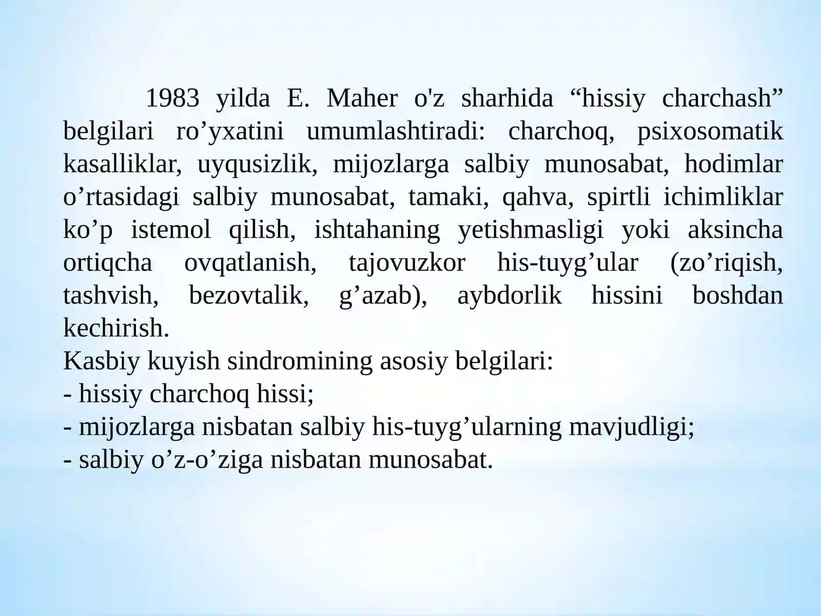 Ijtimoiy xizmat ko‘rsatuvchi mutaxxasislarda kasbiy kuyish holatlari profilaktikasi. 4