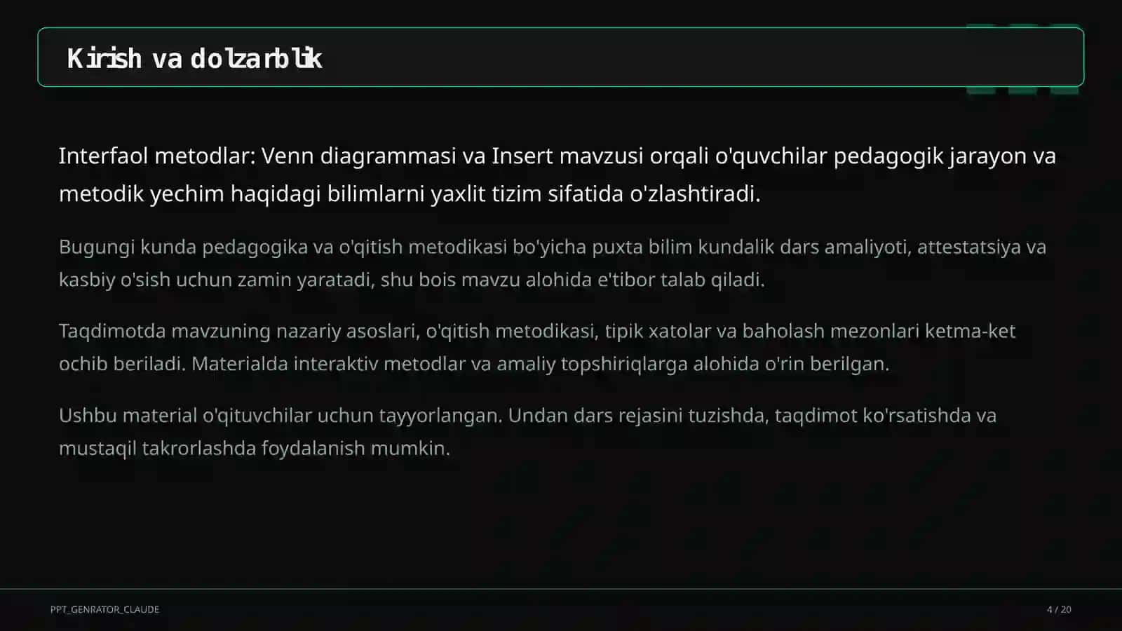 Interfaol metodlar: Venn diagrammasi va Insert 4