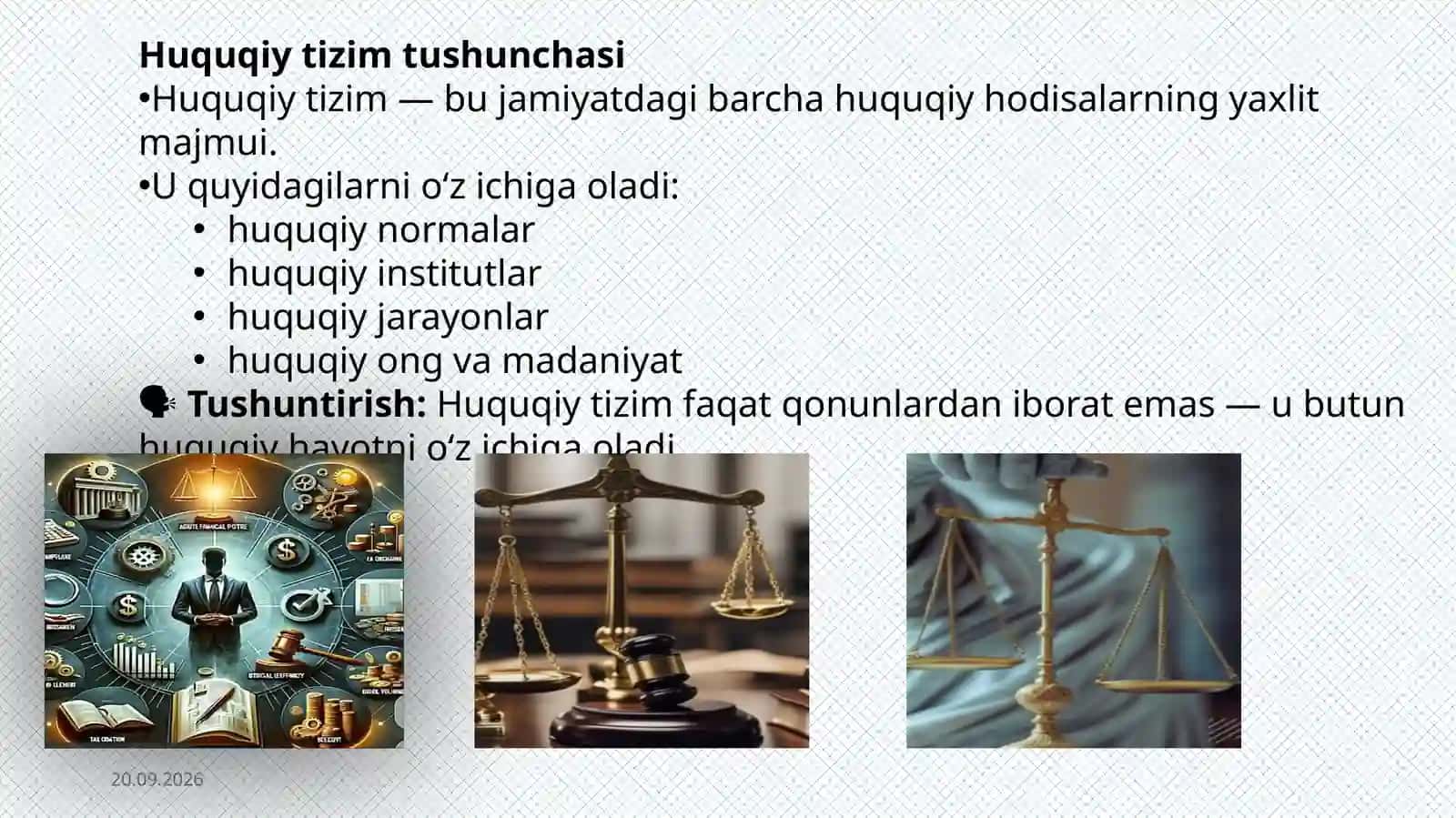 Huquq tizimi va huquqiy tizim tushunchasi hamda uni  asosiy elementlari. 4