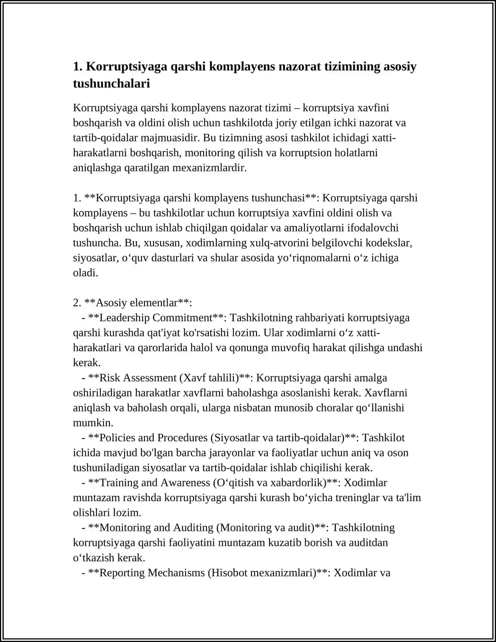REFERAT: KORRUPSIYAGA KARSHI KOMPLAYENS NAZORAT TIZIMINING TUSHUNCHASI VA RIVOJLANISH BOSQICHLARI 4