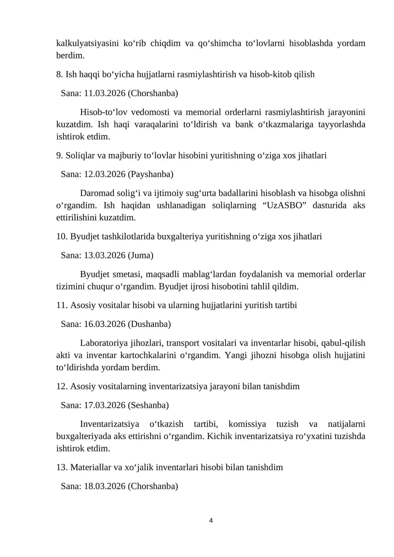 MALAKAVIY AMALIYOTI HISOBOTI. Veterinariya va Chorvachilikni rivojlantirish Boshqarmasi 4