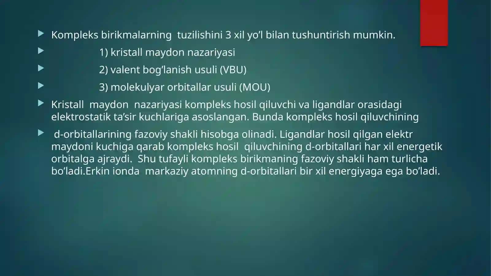 KOMPLEKS BIRKMALARNING IZOMERYASI MARKAZIY IONNING LIGANT BILAN ELEKTRO STATIK TA`SIRLASHUVI 4