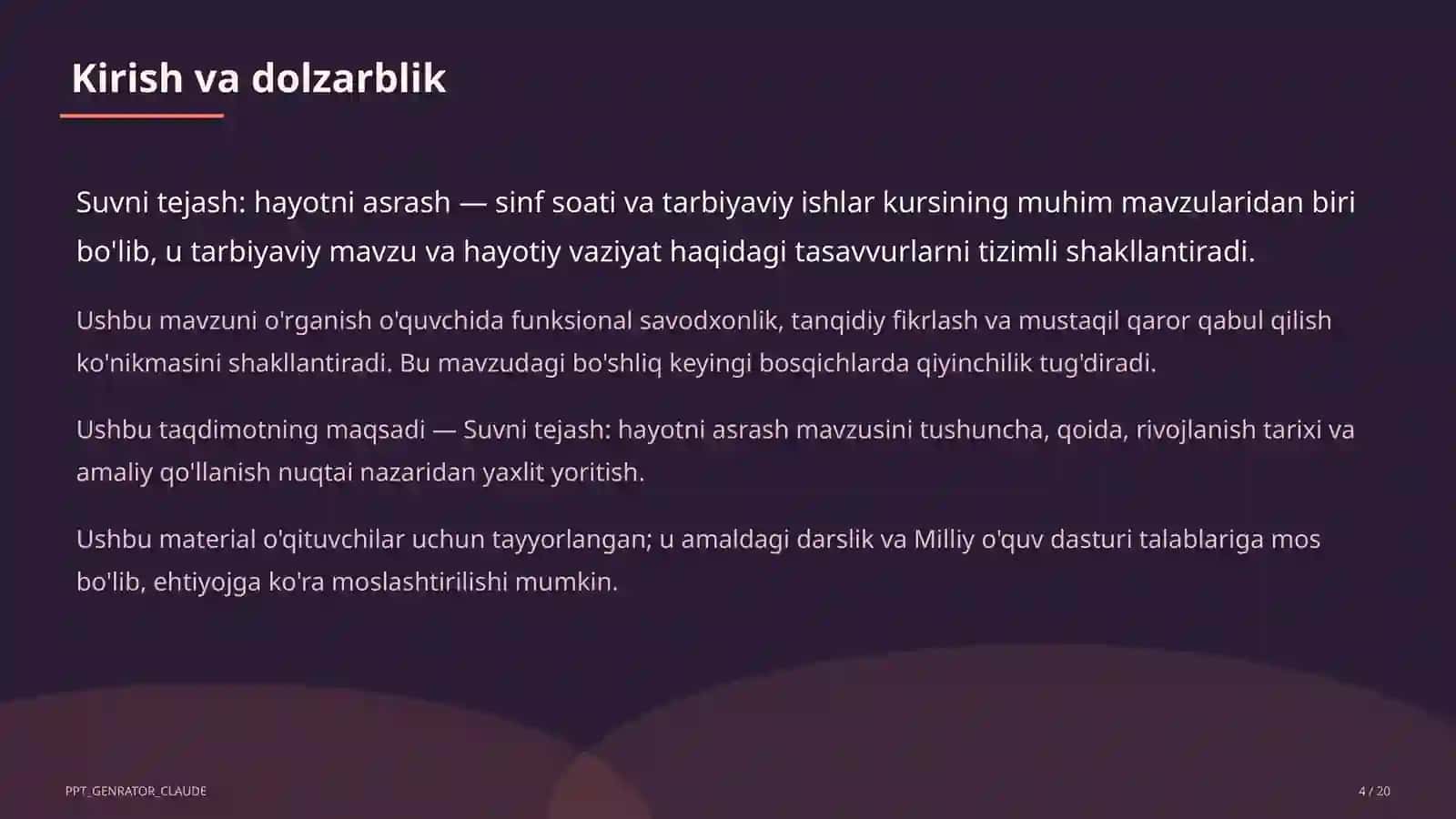 Sinf soati va tarbiyaviy tadbirlar (1– 11) — o'qituvchilar uchun 4