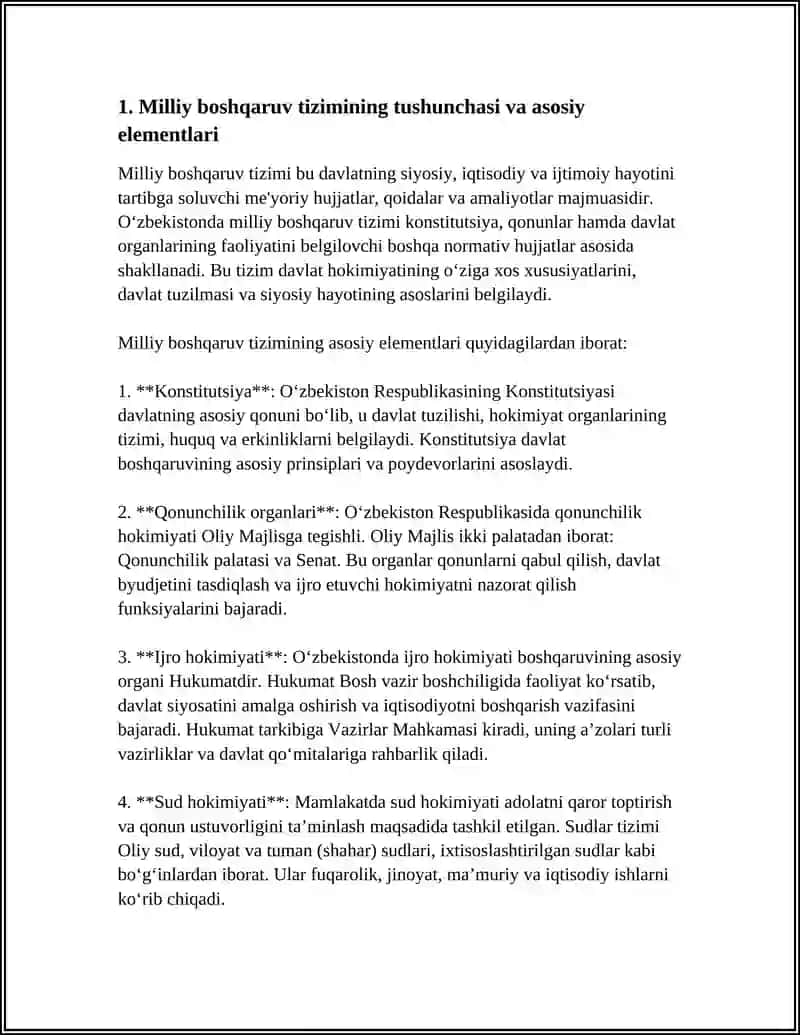 OʻZBEKISTONDA MILLIY BOSHQARUV TIZIMI. HOKIMIYATNING BOʻLINISH PRINSIPI 4