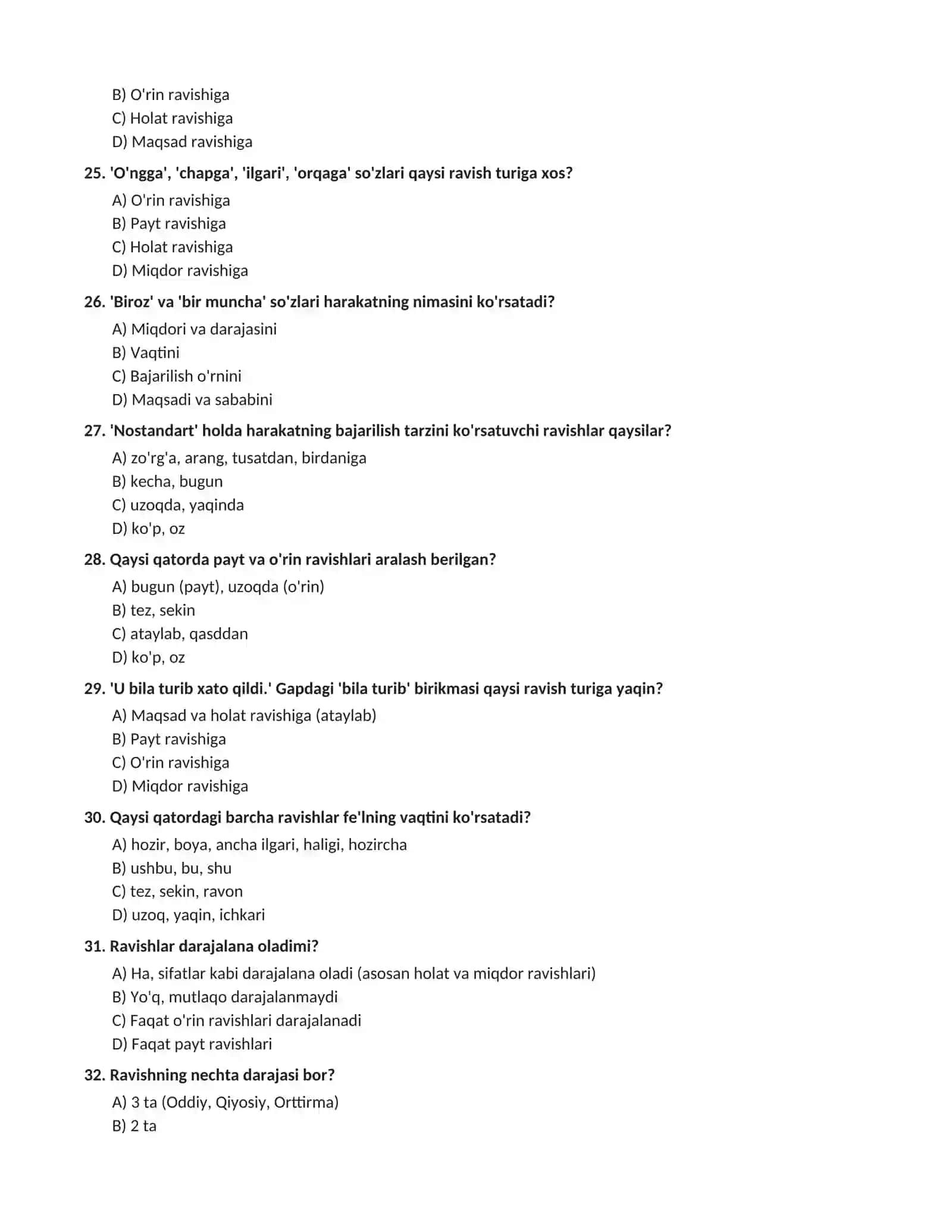 ONA TILI: RAVISH SO'Z TURKUMI BO'YICHA TEST TOPSHIRIQLARI  (100 ta test va kalitlar) 4