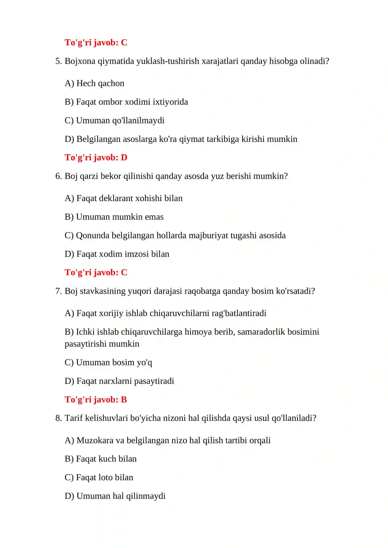 BOJXONA TARIFI 500 TA TEST 4