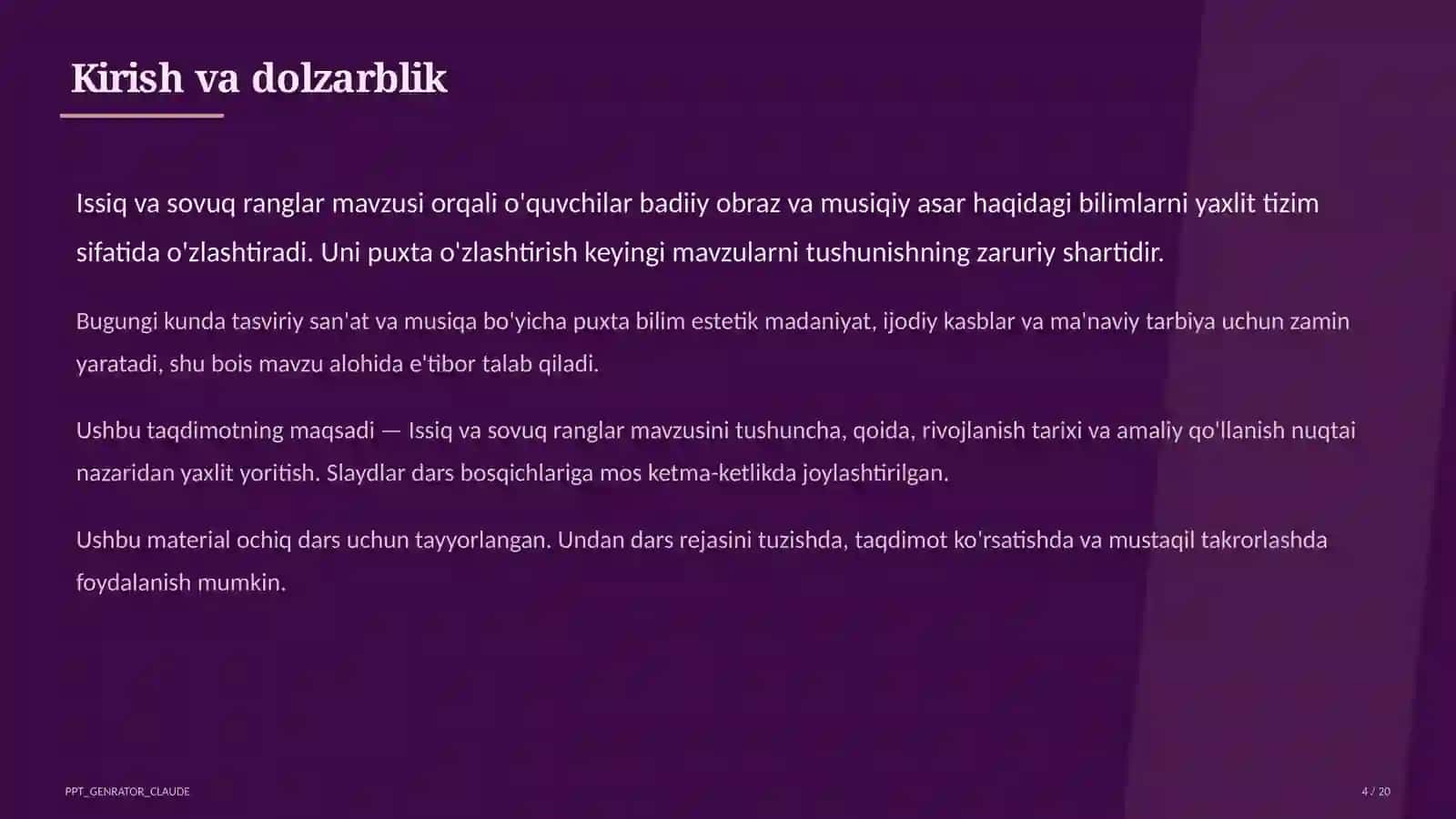 Tasviriy san'at va musiqa (1–7) — ochiq dars uchun 4